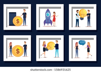 bundle of people with business icons vector illustration design