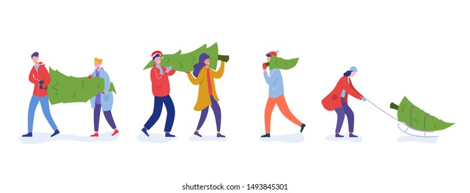 Bundle of people carrying, buying Christmas trees and celebrating winter holidays. Men, women characters, family do shopping for New Year celebration. Flat cartoon vector illustration