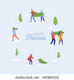 Bundle of people carrying, buying Christmas trees and celebrating winter holidays. Men, women characters, family do shopping for New Year celebration. Flat cartoon vector illustration