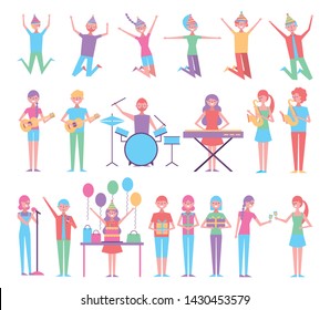 bundle of people celebrating birthday with instruments vector illustration design