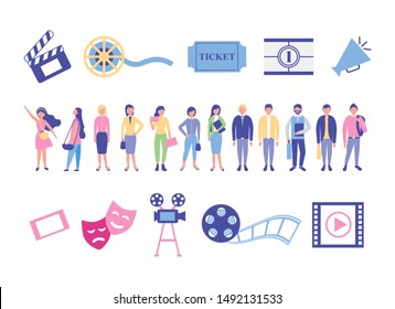 bundle of people and cinema entertainment icons vector illustration design