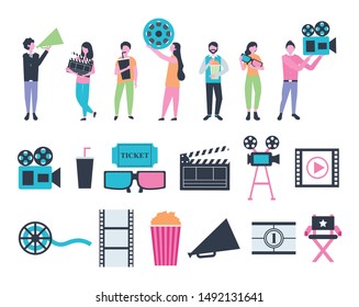 bundle of people and cinema entertainment icons vector illustration design