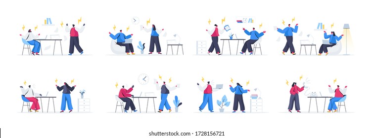 Montones de escenas de confrontación. Conflicto y desacuerdo en el trabajo, gente gritando cada uno, pareja discutiendo y gritando ilustración vectorial plana. Conjunto de caracteres con personas en situaciones