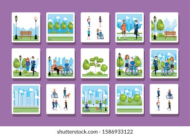 bundle of people disabled with park scenes vector illustration design