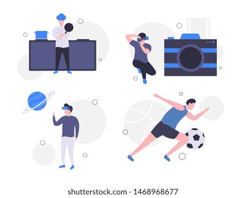 Bundle of people do their work - Chef, photographer, IT multimedia, Soccer Football player. Flat vector illustration.