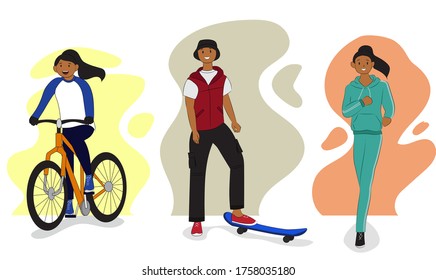 Bundle of people doing sport activities: cycling, skateboarding and running, isolated on white. Sports concept design. Flat vector illustration