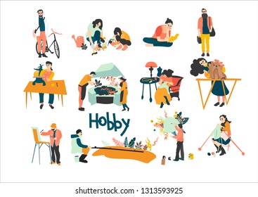 Bundle of people enjoying their hobbies - home gardening, knitting,cycling, reading books, sculpture, cooking, sewing, grooming, lettering, fishing, painting walls. Flat cartoon vector illustration