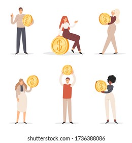 Bundle of people with golden coins in hands. Set of rich men and women, careless wealthy characters with money, financial success, lottery win, fortune, good luck, business concept isolated on white