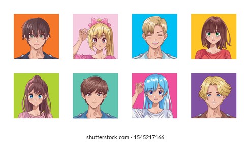 bundle of people hentai style characters vector illustration design