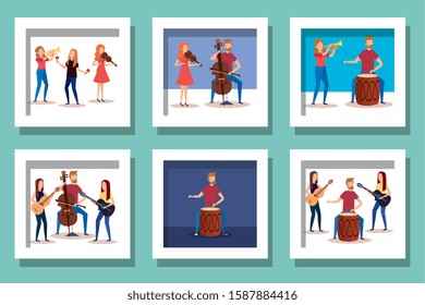 bundle of people with instruments musical vector illustration design