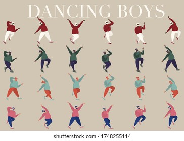 Bundle of people jumping and dancing vector illustration. Simple flat man character made in cartoon style in different pose.Person festive scene celebration cute picture clip art graphic element