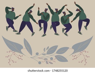 Bundle of people jumping and dancing vector illustration. Simple flat man character made in cartoon style in different pose.Person festive scene celebration cute picture clip art graphic element
