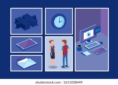 bundle of people and office equipments vector illustration design