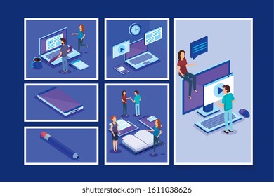 bundle of people and office equipments vector illustration design