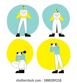 bundle of people on vacation characters with paper maps and cameras vector illustration design