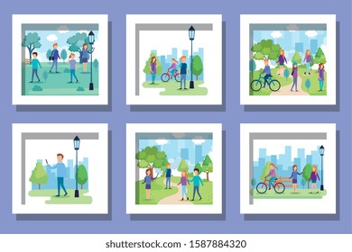 bundle of people in the park scenes vector illustration design