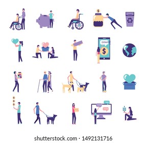bundle of people practicing charity activities vector illustration design
