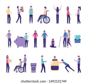 bundle of people practicing charity activities vector illustration design