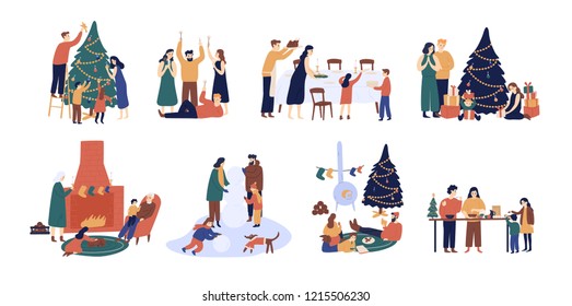 Bundle of people preparing for and celebrating winter holidays. Men, women and children decorating Christmas tree, serving festive table, sitting beside fireplace. Flat cartoon vector illustration.