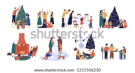 Bundle of people preparing for and celebrating winter holidays. Men, women and children decorating Christmas tree, serving festive table, sitting beside fireplace. Flat cartoon vector illustration.