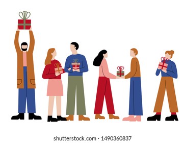 Bundle of people with presents. Men and women with presents boxes isolated on white background. Flat cartoon vector illustration.