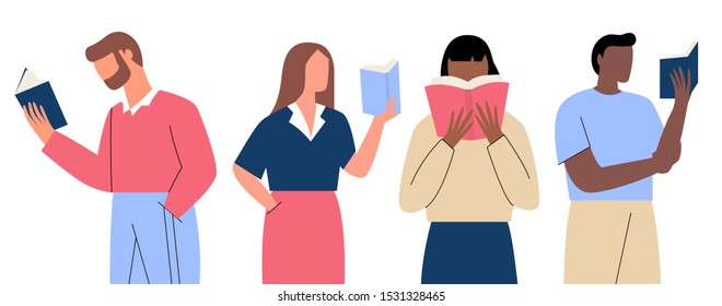 Bundle of people reading books. Collection of students studying and preparing for examination. Set of book lovers, readers, literature fans isolated on white background. Flat vector illustration