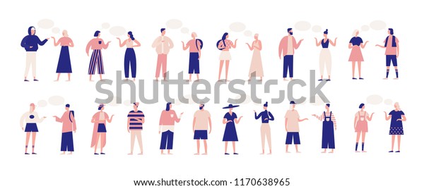 Bundle of people talking or speaking to each\
other. Collection of chatting men and women with speech bubbles\
isolated on white background. Colorful vector illustration in flat\
cartoon style.