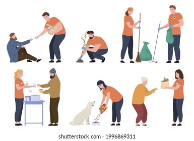 Bundle Of People Volunteer Work Vector Flat Illustration. Set Of Man And Woman Volunteering, Supporting. Social Workers Help Elderly, Food Cooking For Houseless, Pet Shelter, Planting, Collect Garbage