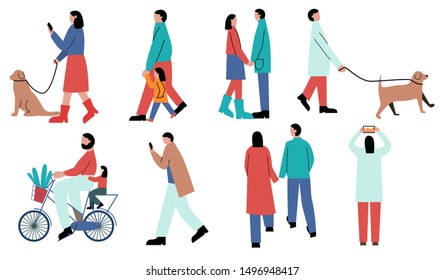 Bundle of people in warm clothes performing different activities - walking the dog, holding hands, walking with their child, riding bicycle, staring at phone, taking picture. Flat vector illustration