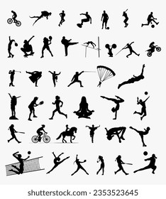 bundle of people working sport. various kinds of sport. silhouette illustration of people exercising.