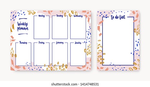Bundle of personal weekly planner and to-do-list templates with frame made of colorful smears, paint traces, scribble. Effective daily planning and scheduling. Creative artistic vector illustration.