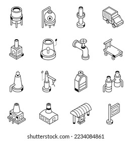 Bundle of Petroleum Factory Isometric Line Icons 

