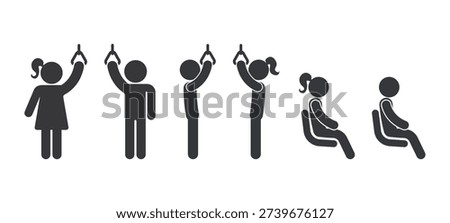 Bundle of pictogram icons showing public transport passengers in bus and train, standing holding handle and sitting on seat positions.
