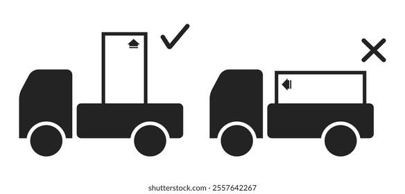 Bundle pictogram instruction big box handling on vehicle, up sign, do not horizontal handling