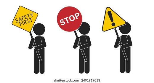 Bundle pictogram man hold Safety First, Stop and Exclamation sing board