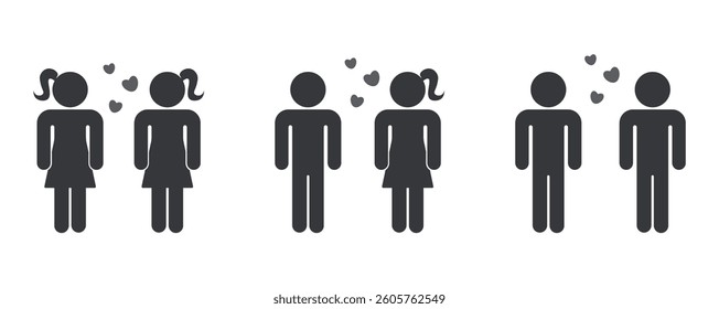 Bundle pictogram set, boy love boy, girl love girl, symbol LGBT+ and Straight Sex