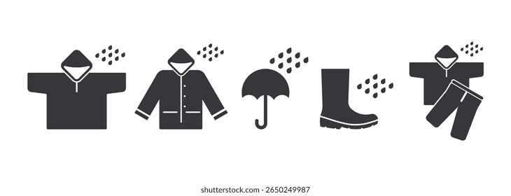 Pictograma de pacote de proteção contra gotas de chuva à prova d'água, simbolizando proteção durante a estação chuvosa e segurança contra condições climáticas molhadas.