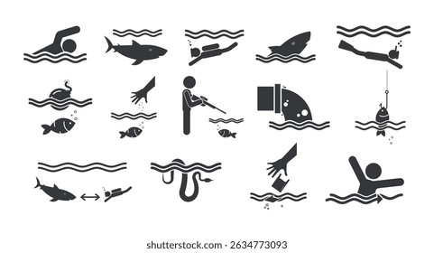 Bundle pictograms of water, sea, and river safety icons including swim, fishing, polluted water, diving, sharks, snakes, currents.