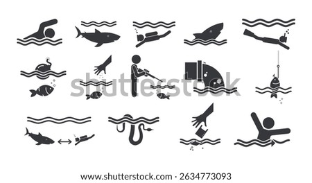 Bundle pictograms of water, sea, and river safety icons including swim, fishing, polluted water, diving, sharks, snakes, currents.