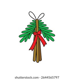 a bundle of pine branches tied with red ribbon