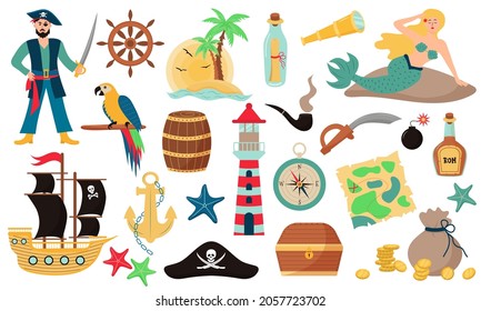 Bundle pirate. Collection of pirate character, spyglass, map, saber, treasure chest, anchor, sail ship, mermaid, lighthouse and other.  Childish vector illustration in flat cartoon style.