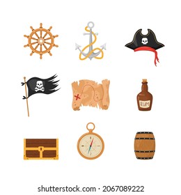 Bundle of pirate items. Ship wheel, flag, hat, map, anchor, compass, treasure chest. Piracy collection isolated on white background. Childish vector illustration in flat cartoon style.