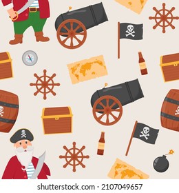 Paket Pirat nahtloses Muster. Paket Piraten, Schatzkarte, Rum, Schiffrad, Anker, Fass, Bombe