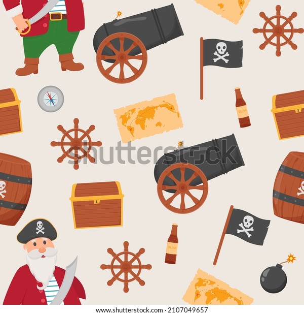 Bundle pirate seamless\
pattern. Bundle pirate, treasure map, rum, ship wheel, anchor,\
barrel, bomb