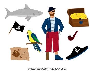 Bundle Pirate set in cartoon flat style. Shark, parrot, treasure, character, pirate hat, map, smoking pipe, flag isolated on white background