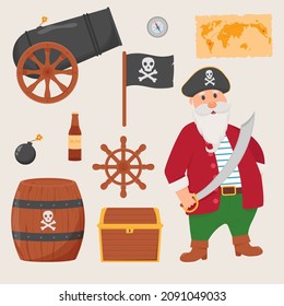 Paket Piratenset einzeln auf weißem Hintergrund. Paket Piraten, Schatzkarte, Rum, Schiffrad, Anker, Fass, Bombe