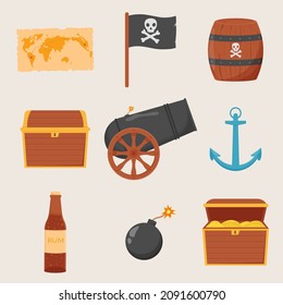Bundle pirate set isolated on white background. Bundle pirate, treasure map, rum, ship wheel, anchor, barrel, bomb