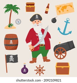 Bundle pirate set isolated on white background. Bundle pirate, treasure map, rum, ship wheel, anchor, barrel, bomb