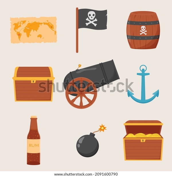 Bundle pirate\
set isolated on white background. Bundle pirate, treasure map, rum,\
ship wheel, anchor, barrel,\
bomb