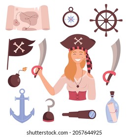 Bundle pirate set on white background. Pirate girl, dagger, bottle with letter, pirate flag, anchor, treasure map, bomb.